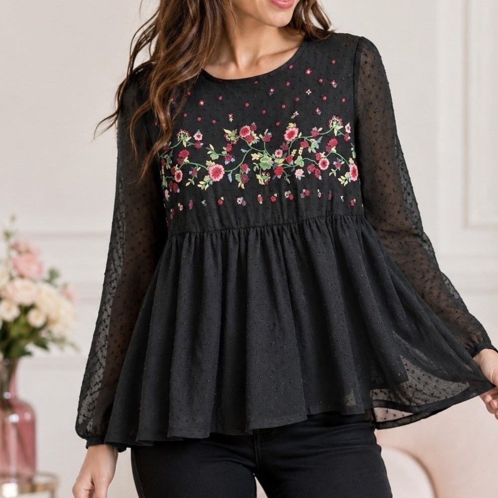 Jasmine & Juliana Peplum Top Womens Large Black Excellent Floral Swiss Dot Boho